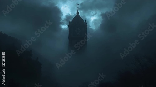 Spooky gothic clock tower surrounded by thick mystical fog under dark stormy night sky motion video clip