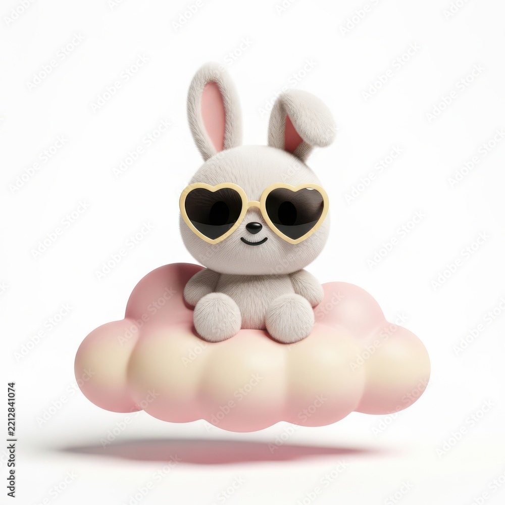 Fototapeta premium Cute cartoon rabbit with heart sunglasses sitting on cloud