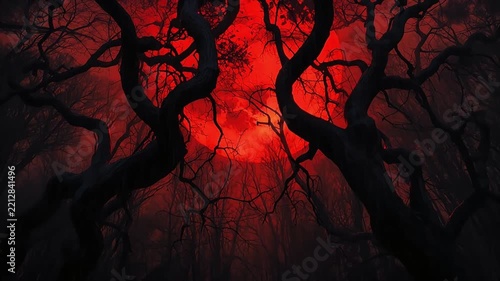 Spooky dark forest with gnarled bare branches silhouetted against a glowing blood red moon horror video background clip