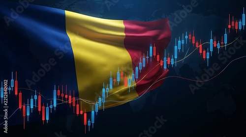 Romanian flag integrated with stock market chart growth analysis