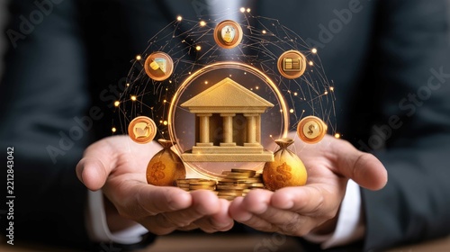 Hands Holding Floating Icons Representing Financial Growth and Banking Services above a Stately Bank Building