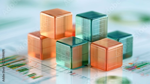 Colorful 3D Graphical Cubes on Financial Data Background for Business and Marketing Concepts