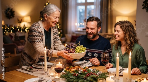 Family enjoys festive holiday dinner with a grandmother serving grapes to her son and daughter-in-law