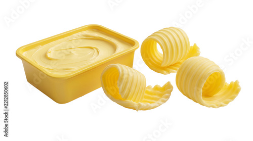 tub of butter with curled butter isolate on transparent background. 
