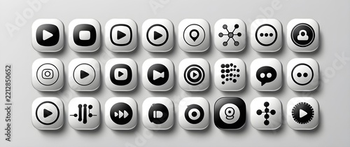 Modern 3D monochrome icons for media and connectivity.
