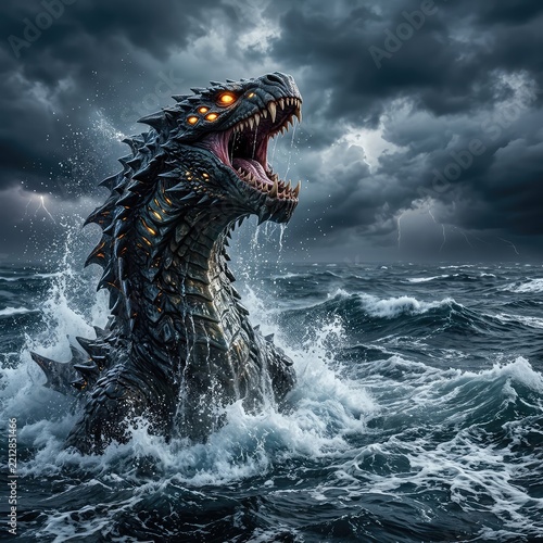 A colossal sea monster with dark scales and glowing eyes breaks the ocean surface, unleashing a powerful roar amidst a turbulent, stormy sea, epic, powerful, kraken