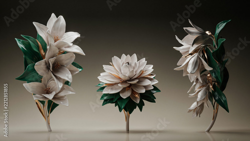 Three white ceramic flower sculptures with green leaves and gold accents on dark background