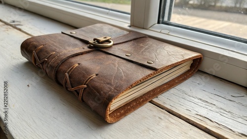 Vintage leather journal on a windowsill