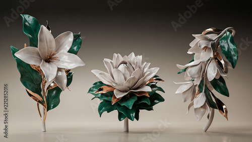 Three white ceramic flower sculptures with green leaves and gold accents on dark background