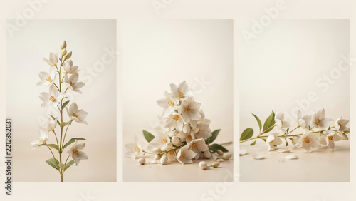 Three white ceramic flower sprigs and petals arranged on a neutral light beige studio background