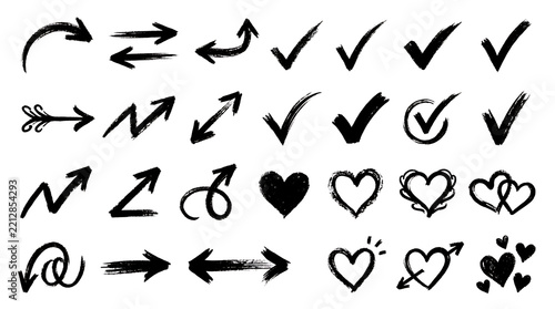 Set of hand drawn arrows check marks and heart symbols in black ink sketch style for design elements