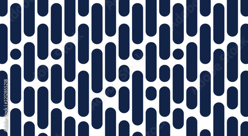 Abstract navy blue vertical pill and circle shape pattern on white background with vertical pills