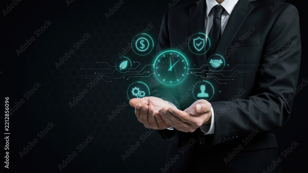 Fototapeta premium Businessman in black suit holding glowing digital clock and business icons, cyberpunk style interface