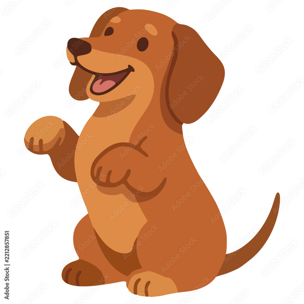 Fototapeta premium Cute cartoon dachshund dog digital illustration standing wagging tail tounge paws friendly excited brown wiener sausage puppy vector pet shop asset transparent flat children pup character tounge art