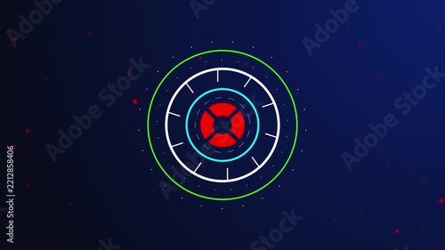 Futuristic Red Lifebuoy Symbol with Circular HUD Gauge, Neon Rings, Glowing Particles, and Dark Blue Digital Technology Background