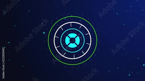 Futuristic Cyan Lifebuoy Rescue Symbol with Circular HUD Gauge, Neon Rings, Glowing Particles, and Dark Blue Digital Background