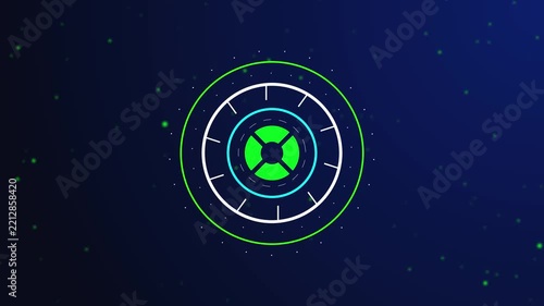 Futuristic Green Rescue Ring Symbol with Circular HUD Gauge, Neon Rings, Glowing Particles, and Dark Blue Digital Technology Background
