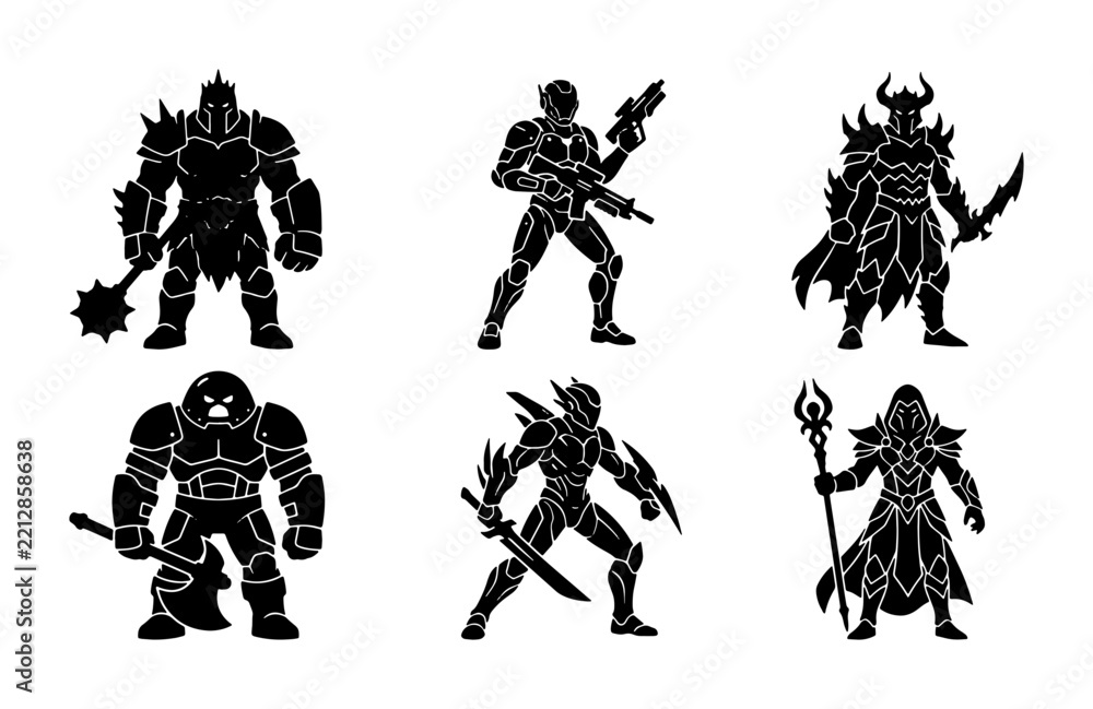 Fototapeta premium Armored warrior silhouettes set with mace, axe, rifle, sword and staff for fantasy game design