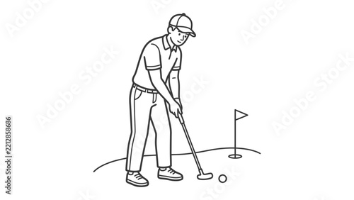 Golf Swing Outline: A golfer in a cap and collared shirt prepares to putt on a green, focusing intently on the ball near the hole.