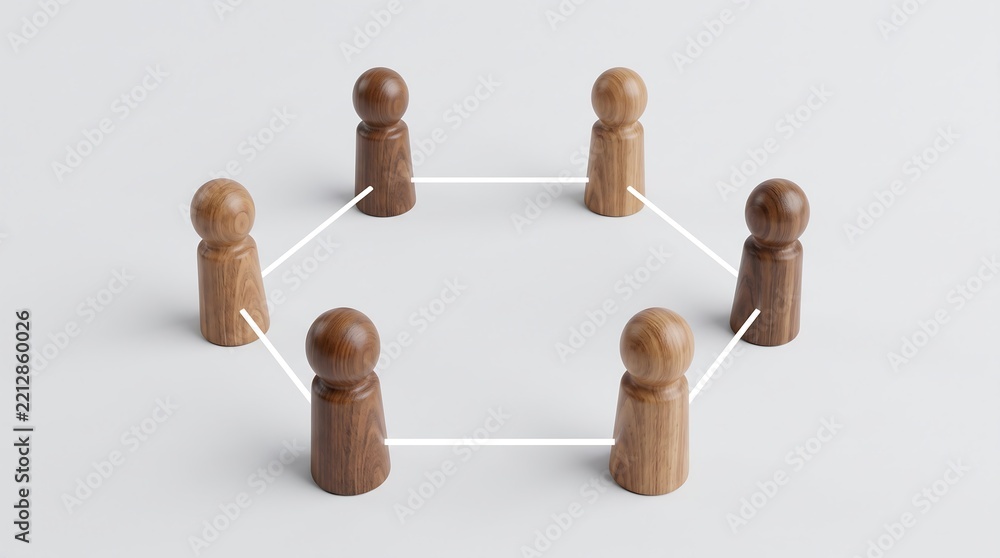 Obraz premium Wooden People Figures Connected in Circle, Business Teamwork Concept, Diversity and Connection Representation on White Background