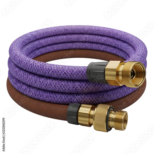 Coiled purple garden hose with brass fittings isolated on white