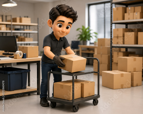 E-commerce Worker Moving Cardboard Box on Warehouse Trolley
