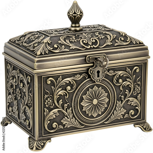 Ornate antique metal jewelry box with intricate floral carvings isolated