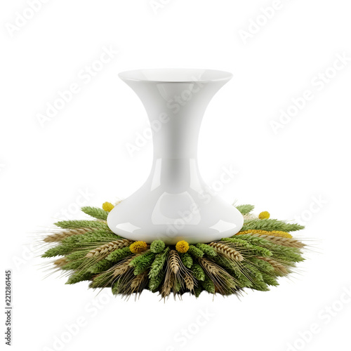 White ceramic vase centerpiece with dried wheat and yellow flowers