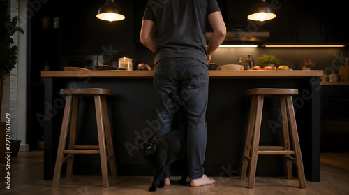 Person standing dimly lit modern kitchen black cat weaving stools fruits containers