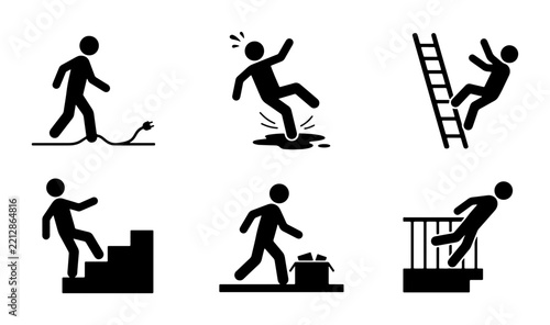 Fall hazard silhouettes set with figures slipping, falling from ladder and stairs, tripping over cord for safety signs