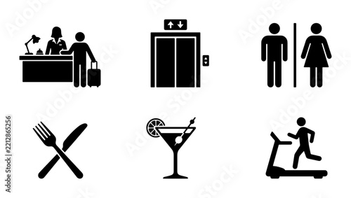 Hotel icons: check-in, elevator, restroom, dining, and gym for logo