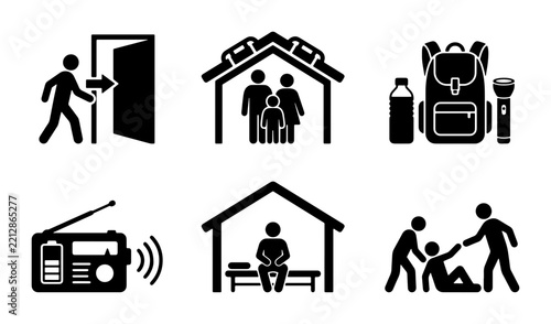 Hurricane shelter icons for disaster preparedness logo