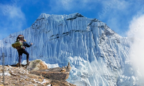 tourist or hiker glacial moraine Nepal Himalaya mountain