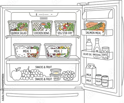 organized refrigerator with fresh food and groceries