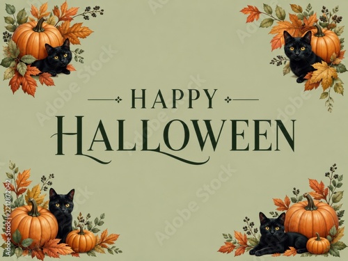 Happy Halloween card with black cats and pumpkins