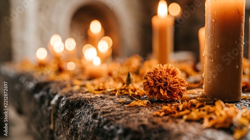 Day of the Dead altar featuring marigold flower petals and glowing candles with soft bokeh background and warm light