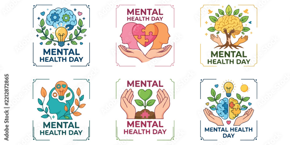 Fototapeta premium A collection of colorful watercolor illustrations celebrating world mental health day with inspirational messages and floral artistic designs