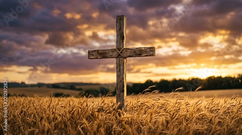 Old wooden cross standing in a golden wheat field during a dramatic sunset with warm glowing light