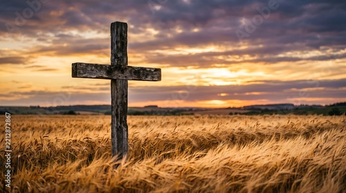 Wooden Christian cross standing in golden wheat field under a dramatic sunset sky with warm glowing light