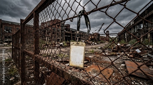 Empty blank identification badge hanging on a rusted chain link fence against a dramatic desolate industrial ruin background