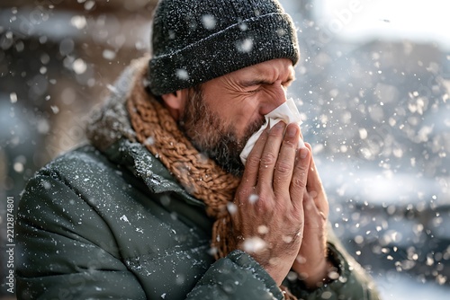 Man sneezing into tissue outdoors in winter, symbolizing seasonal flu, cold virus transmission, immune system response, illness prevention, and healthcare awareness.