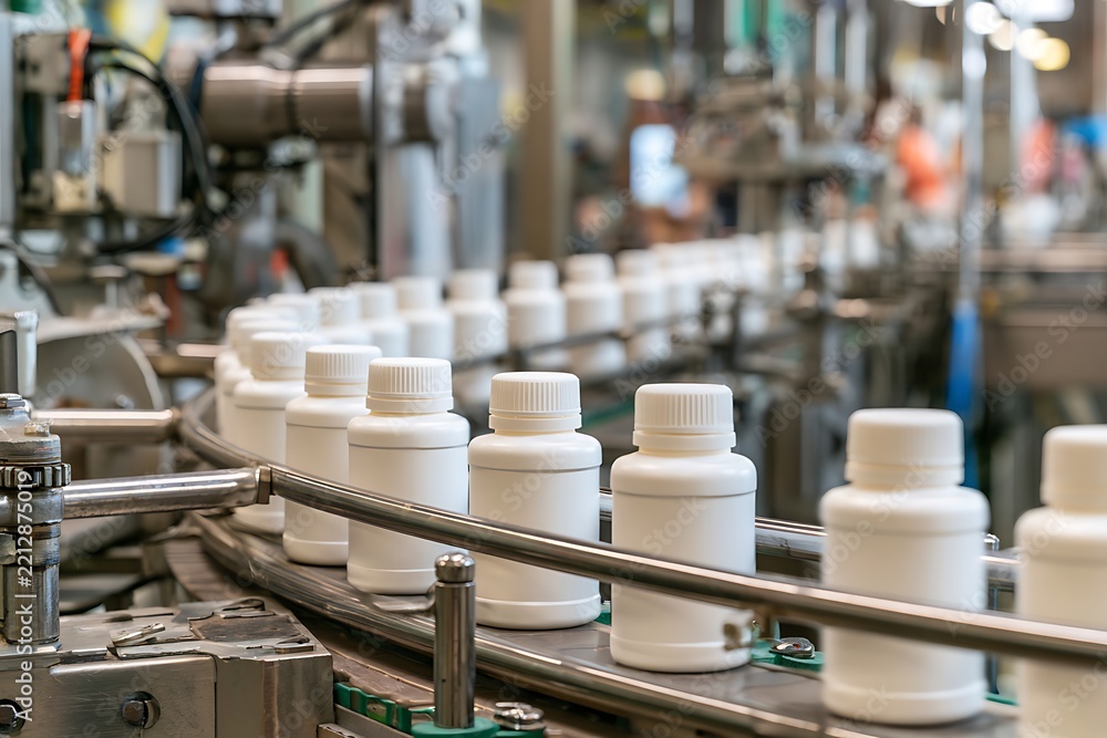 Fototapeta premium Conveyor line moving plastic pill bottles in modern pharmaceutical plant, symbolizing mass medicine production, health security, and drug supply chain.