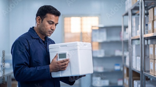 Indian logistics professional inspecting cold chain medical shipper box in modern e-pharmacy warehouse, healthcare delivery copy space
