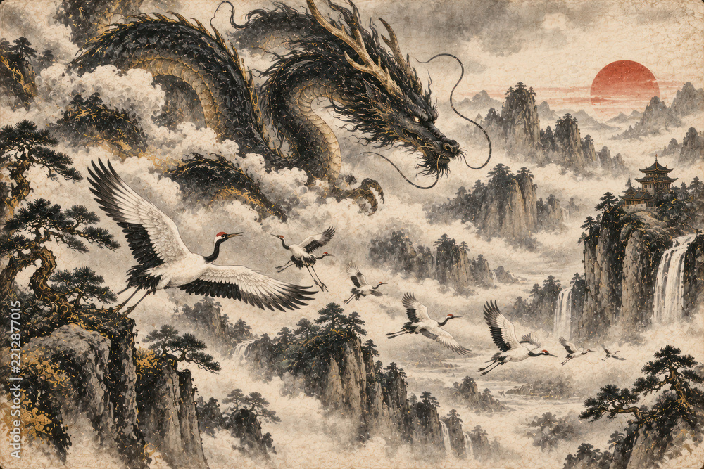 Fototapeta premium Chinese Dragon and Red Crowned Cranes in Traditional Mountain Landscape
