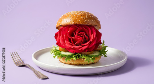 Surreal food art composition featuring a red rose nestled in a sesame burger bun with lettuce, tomato and cucumber on a white plate and purple background, evoking romance, creativity and whimsy.