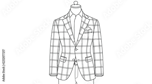 Plaid blazer outline sketch with notch lapel and flap pockets for men smart casual style apparel design and fashion boutique presentation.