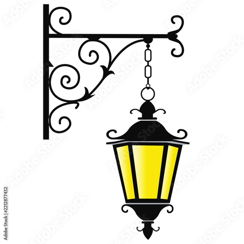 Vintage Hanging Lantern with Decorative Wall Bracket – Illuminated Outdoor Light Vector