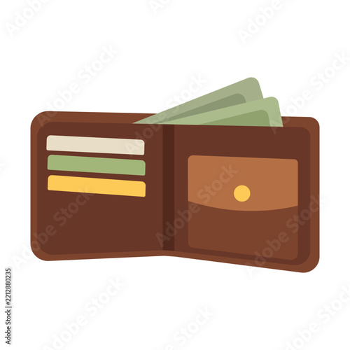 Open Brown Leather Wallet with Cash Money Vector Illustration, Financial Payment Concept Clipart, Bank Notes and Cards Wallet Graphic
