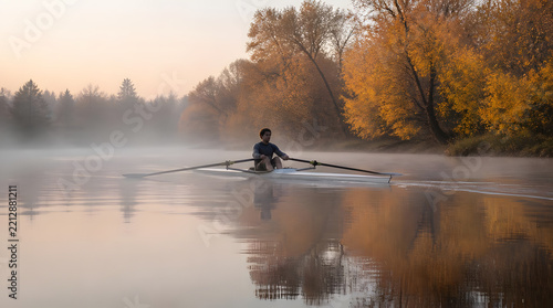 Single sculler rowing on calm misty riverbank early morning light reflecting off autumn trees