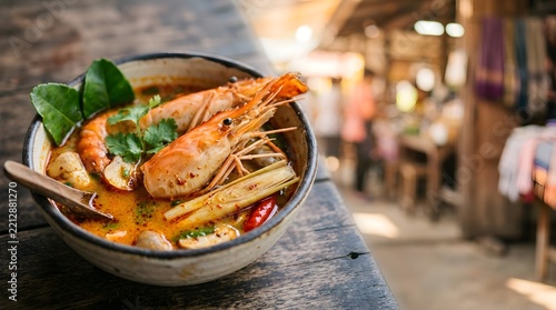 Authentic spicy Thai tom yum goong soup with river prawns and aromatic herbs